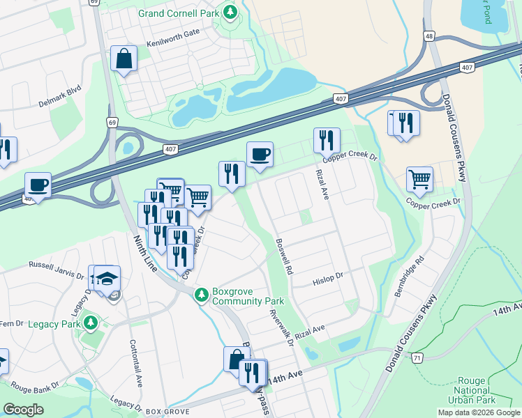 map of restaurants, bars, coffee shops, grocery stores, and more near 89 Boswell Road in Markham