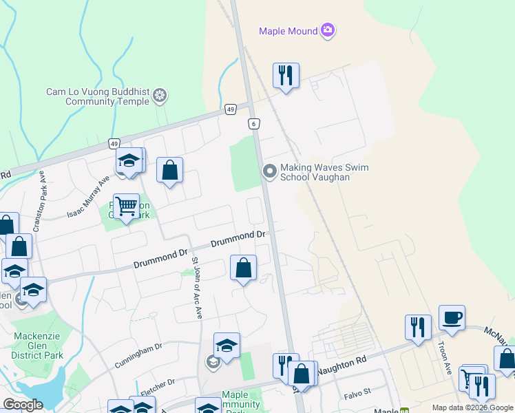map of restaurants, bars, coffee shops, grocery stores, and more near 43 Treasure Hill Road in Vaughan