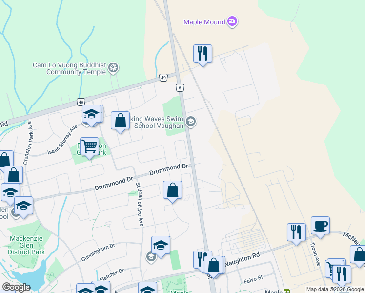 map of restaurants, bars, coffee shops, grocery stores, and more near 85 Treasure Hill Road in Vaughan