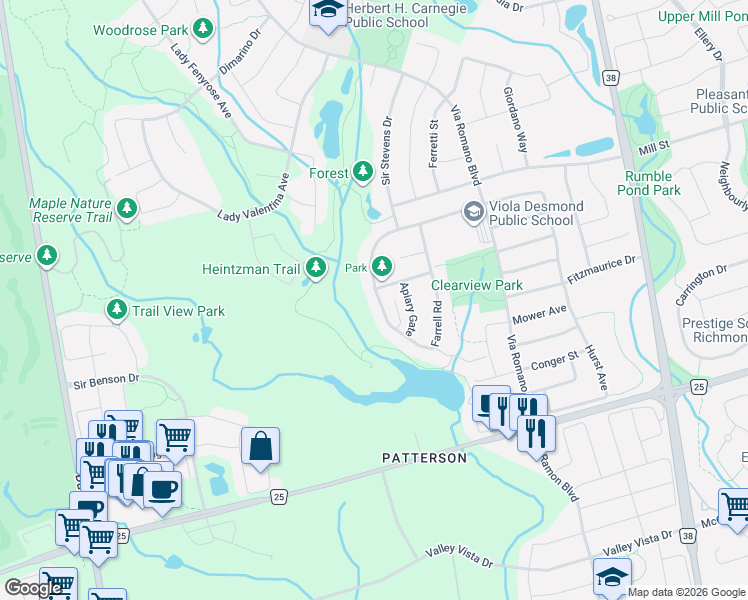 map of restaurants, bars, coffee shops, grocery stores, and more near 192 Farrell Road in Vaughan