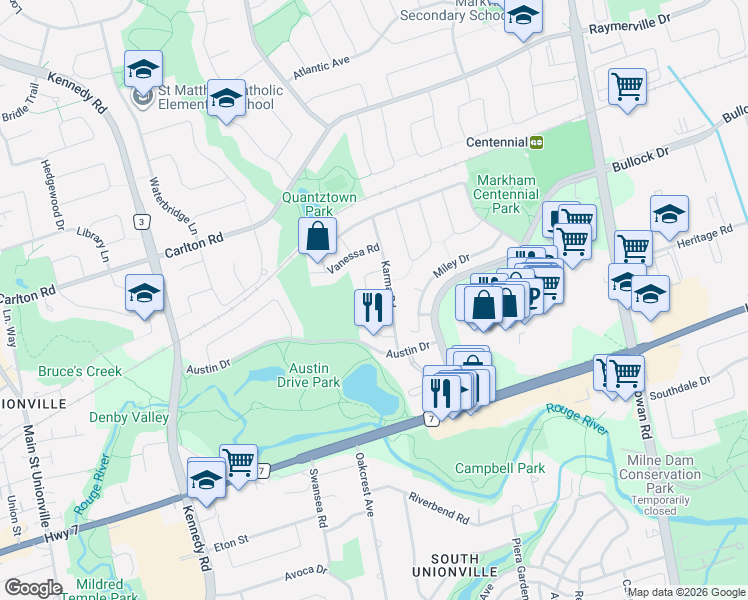 map of restaurants, bars, coffee shops, grocery stores, and more near 45 Raleigh Crescent in Markham