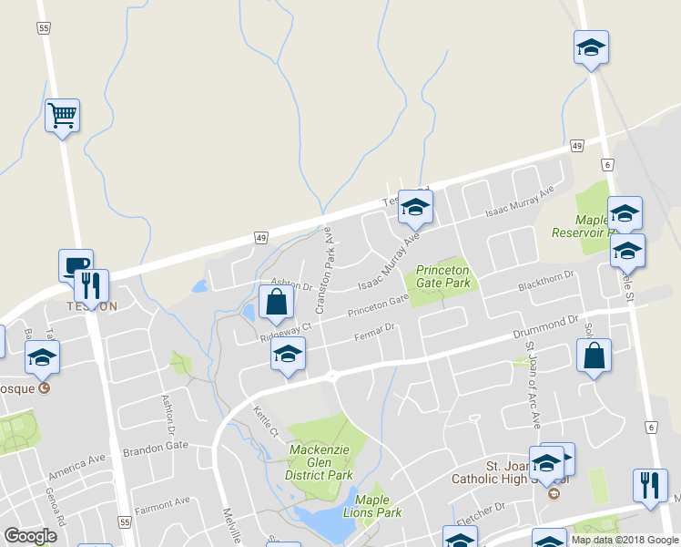 map of restaurants, bars, coffee shops, grocery stores, and more near 9 Kinney Gate in Vaughan