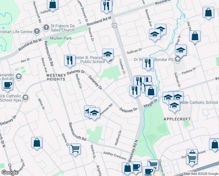 map of restaurants, bars, coffee shops, grocery stores, and more near 80 Brockman Crescent in Ajax