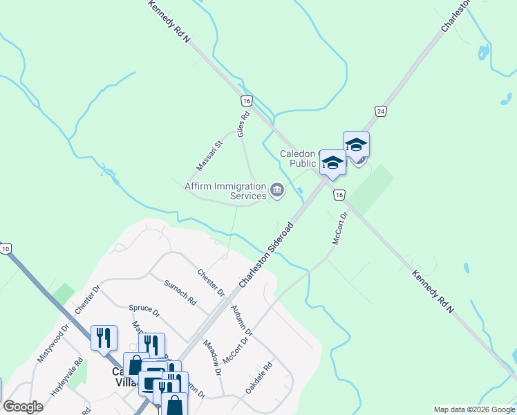 map of restaurants, bars, coffee shops, grocery stores, and more near 25 Giles Road in Caledon Village