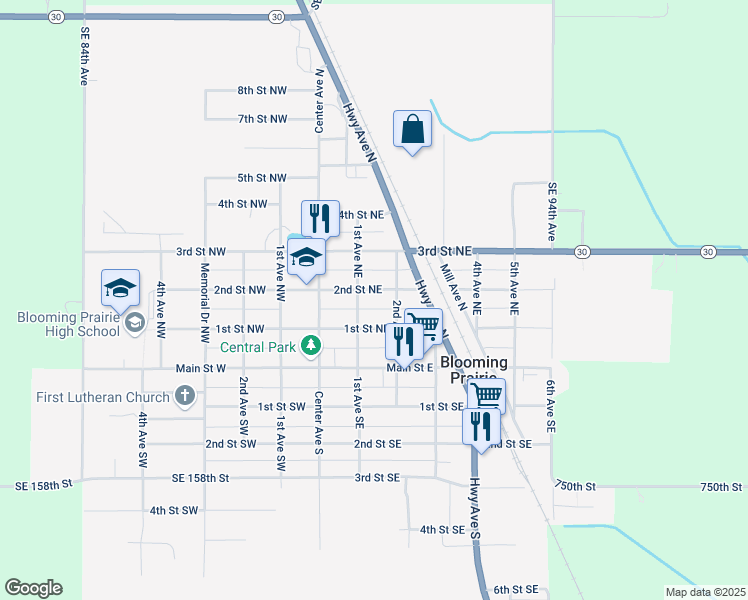 map of restaurants, bars, coffee shops, grocery stores, and more near 242 2nd Avenue Southeast in Blooming Prairie