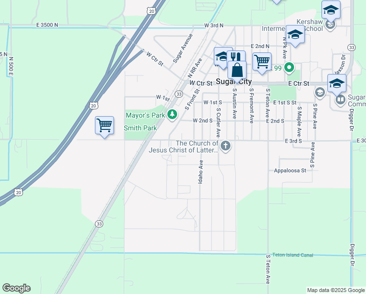 map of restaurants, bars, coffee shops, grocery stores, and more near 425 South 3rd West in Sugar City