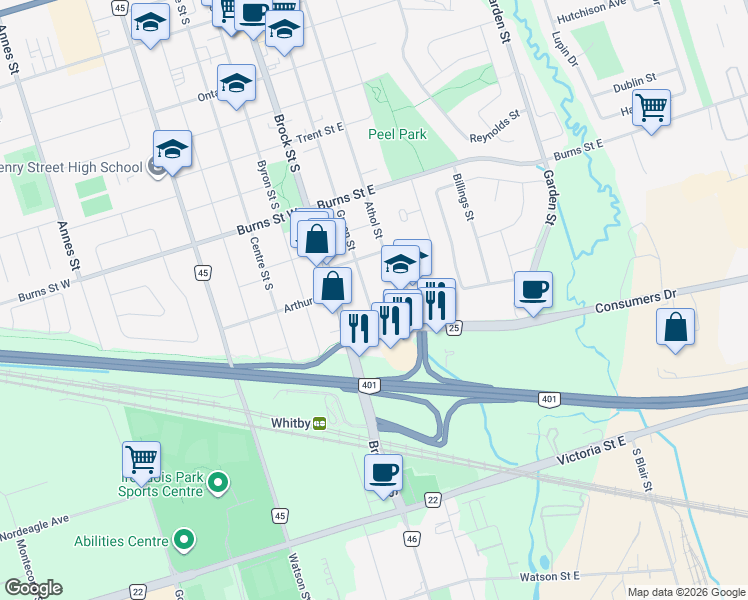map of restaurants, bars, coffee shops, grocery stores, and more near 1119 Green Street in Whitby