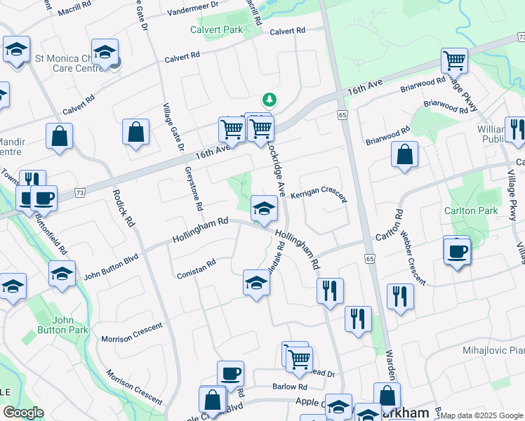 map of restaurants, bars, coffee shops, grocery stores, and more near 12 Glamorgan Court in Markham