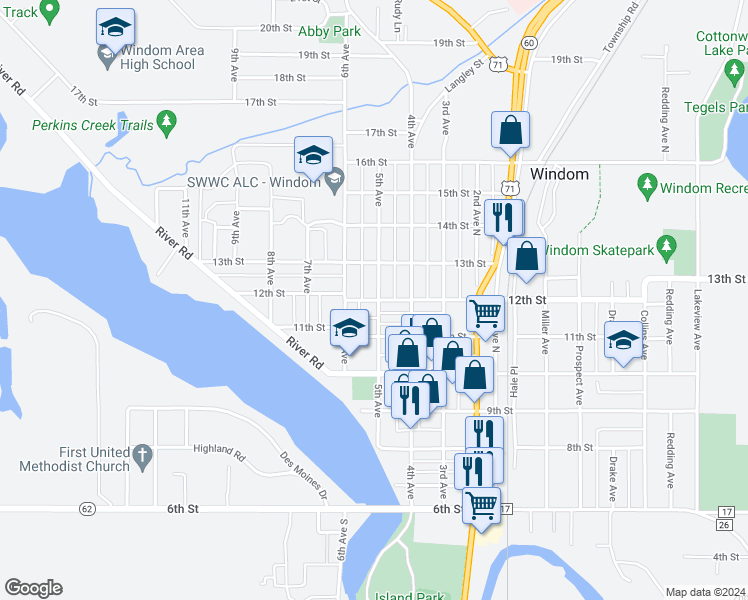 map of restaurants, bars, coffee shops, grocery stores, and more near 510 12th Street in Windom