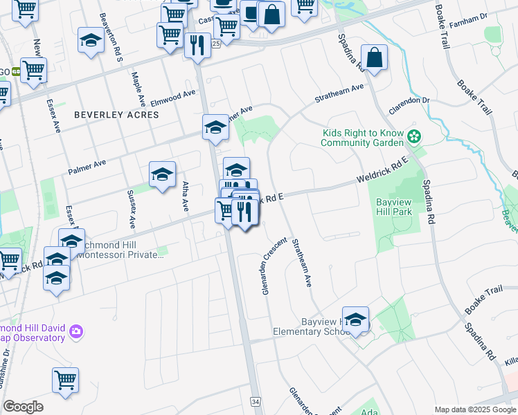 map of restaurants, bars, coffee shops, grocery stores, and more near 399 Weldrick Road East in Richmond Hill