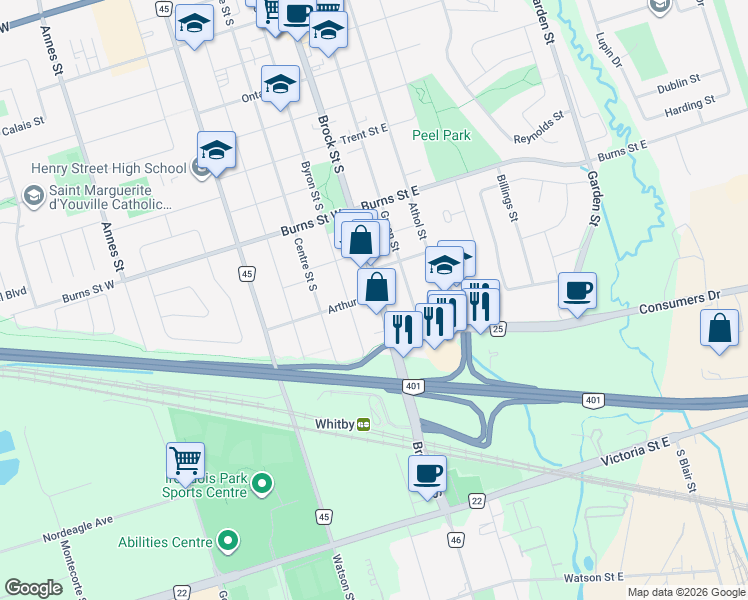map of restaurants, bars, coffee shops, grocery stores, and more near 1100 Brock Street South in Whitby