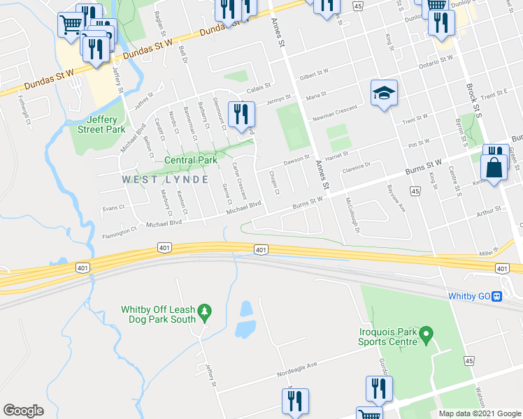 map of restaurants, bars, coffee shops, grocery stores, and more near 210 Michael Boulevard in Whitby