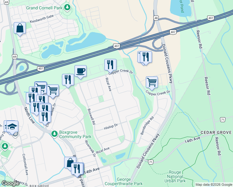 map of restaurants, bars, coffee shops, grocery stores, and more near 23 Rennie Avenue in Markham