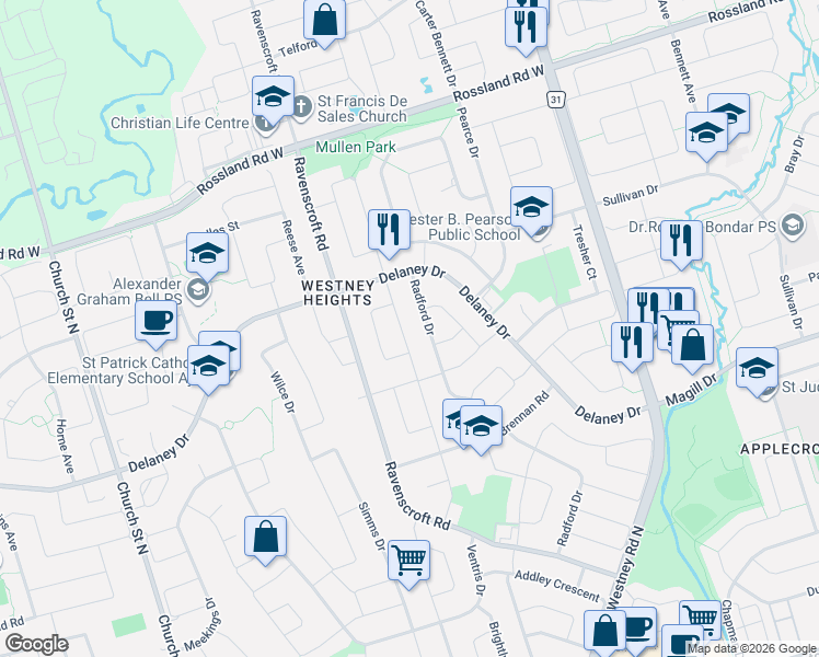 map of restaurants, bars, coffee shops, grocery stores, and more near 113 Daniels Crescent in Ajax