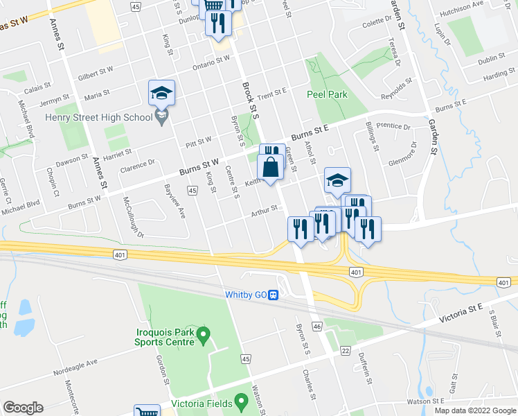map of restaurants, bars, coffee shops, grocery stores, and more near 1010 Byron Street South in Whitby