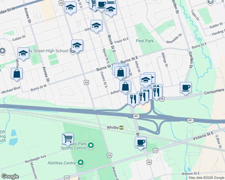 map of restaurants, bars, coffee shops, grocery stores, and more near 204 Arthur Street in Whitby