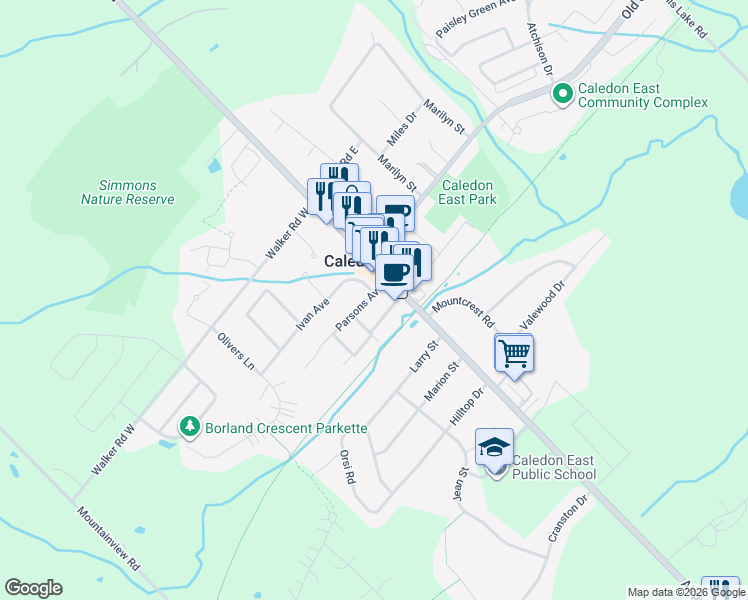map of restaurants, bars, coffee shops, grocery stores, and more near 2 Parsons Avenue in Caledon East
