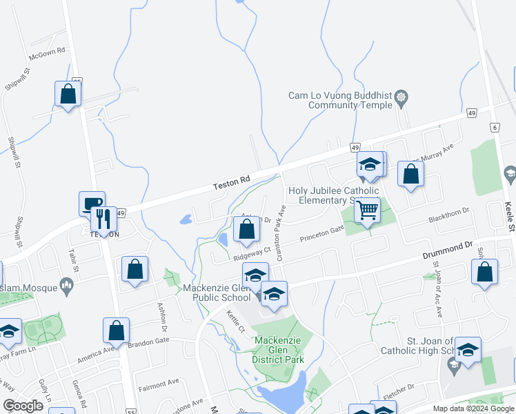 map of restaurants, bars, coffee shops, grocery stores, and more near 16 Medley Court in Vaughan