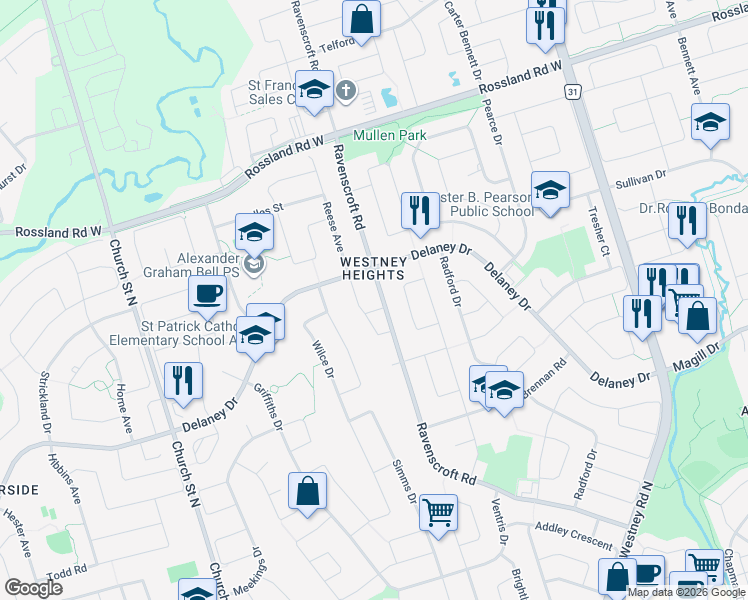 map of restaurants, bars, coffee shops, grocery stores, and more near 175 Ravenscroft Road in Ajax