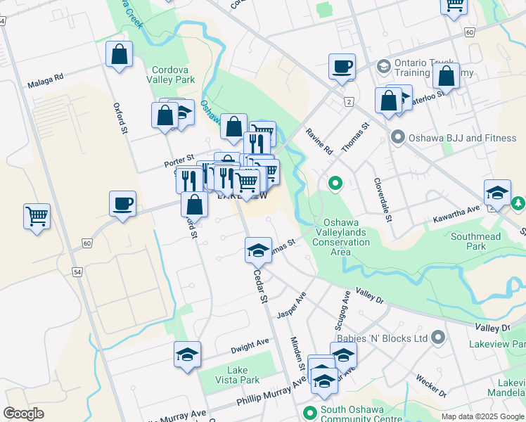map of restaurants, bars, coffee shops, grocery stores, and more near 199 Wentworth Street West in Oshawa
