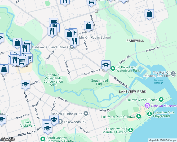 map of restaurants, bars, coffee shops, grocery stores, and more near 70 Kawartha Avenue in Oshawa