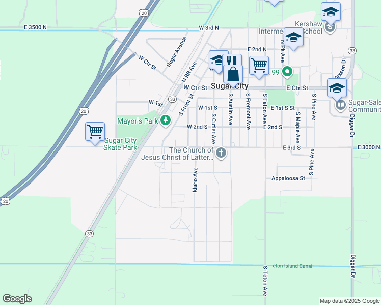 map of restaurants, bars, coffee shops, grocery stores, and more near 215 West 3rd South in Sugar City