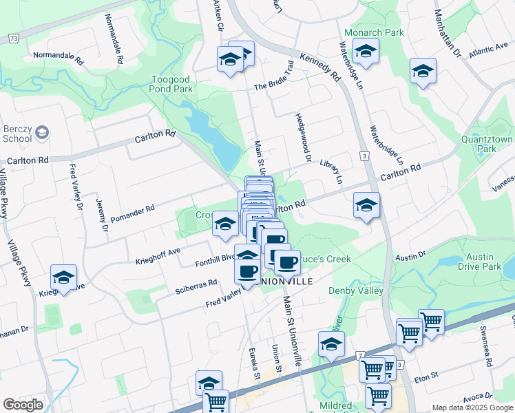 map of restaurants, bars, coffee shops, grocery stores, and more near Carlton Rd & Main St Unionville in Markham