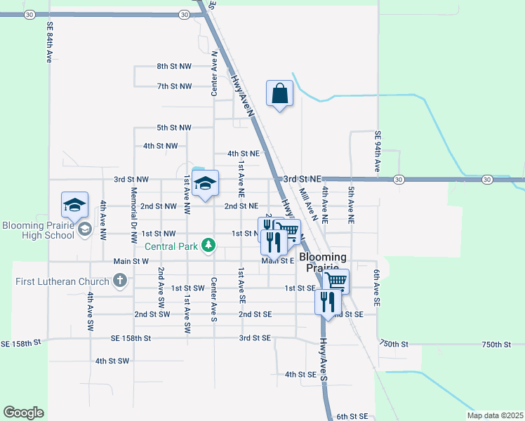 map of restaurants, bars, coffee shops, grocery stores, and more near 242 2nd Avenue Southeast in Blooming Prairie