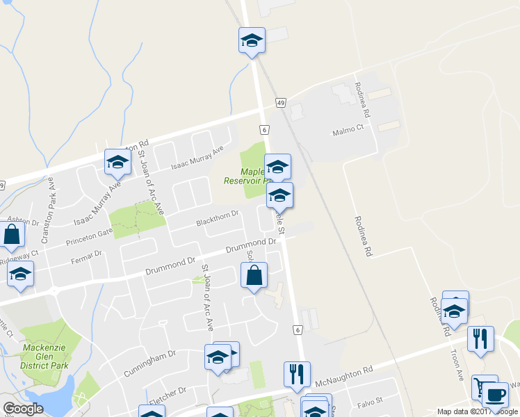 map of restaurants, bars, coffee shops, grocery stores, and more near 43 Treasure Hill Road in Vaughan