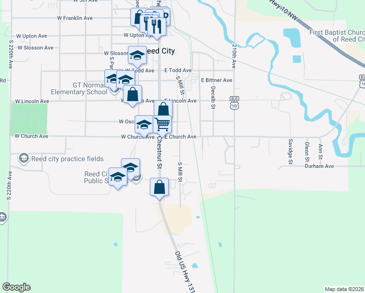 map of restaurants, bars, coffee shops, grocery stores, and more near 718 South Mill Street in Reed City