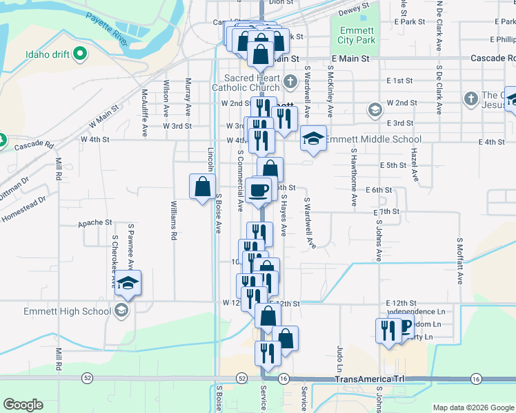 map of restaurants, bars, coffee shops, grocery stores, and more near 723 South Washington Avenue in Emmett