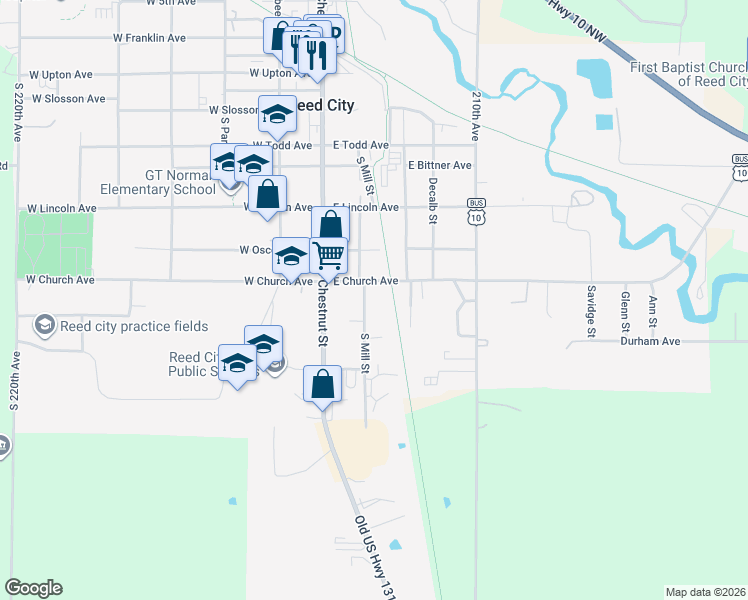 map of restaurants, bars, coffee shops, grocery stores, and more near 718 South Mill Street in Reed City