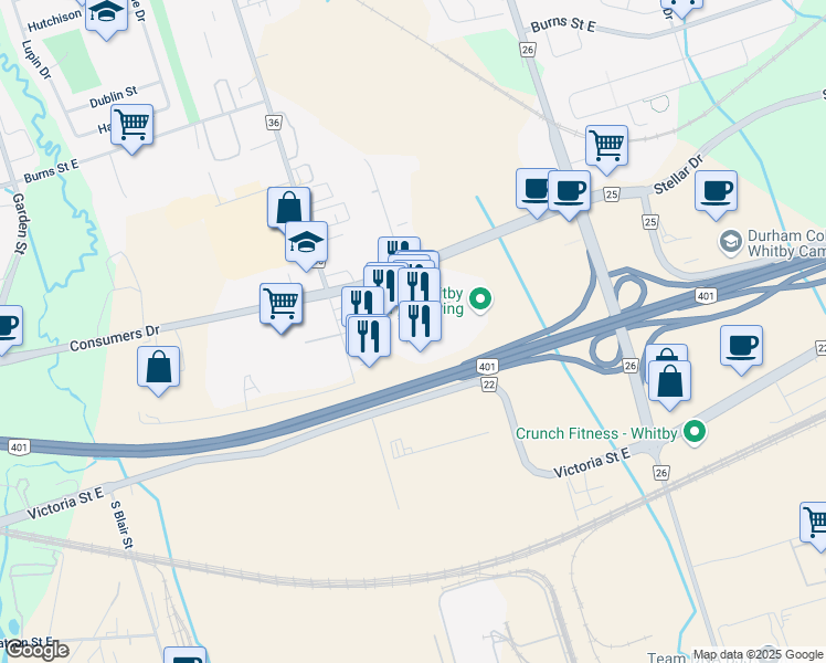 map of restaurants, bars, coffee shops, grocery stores, and more near 75 Consumers Drive in Whitby