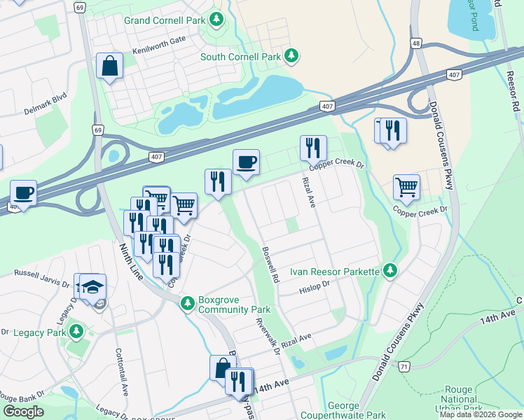 map of restaurants, bars, coffee shops, grocery stores, and more near 89 Boswell Road in Markham