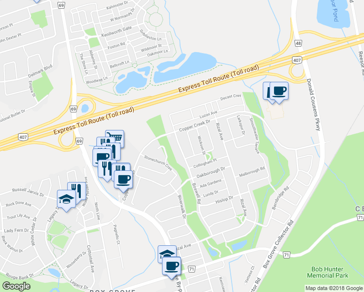 map of restaurants, bars, coffee shops, grocery stores, and more near 89 Boswell Road in Markham