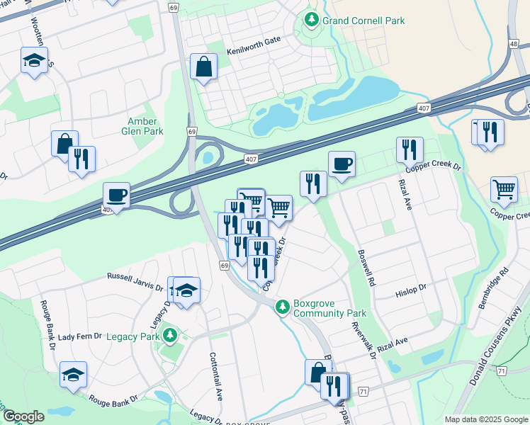 map of restaurants, bars, coffee shops, grocery stores, and more near 110 Copper Creek Drive in Markham