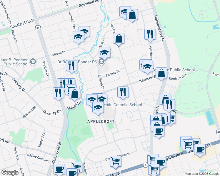 map of restaurants, bars, coffee shops, grocery stores, and more near 40 Magill Drive in Ajax