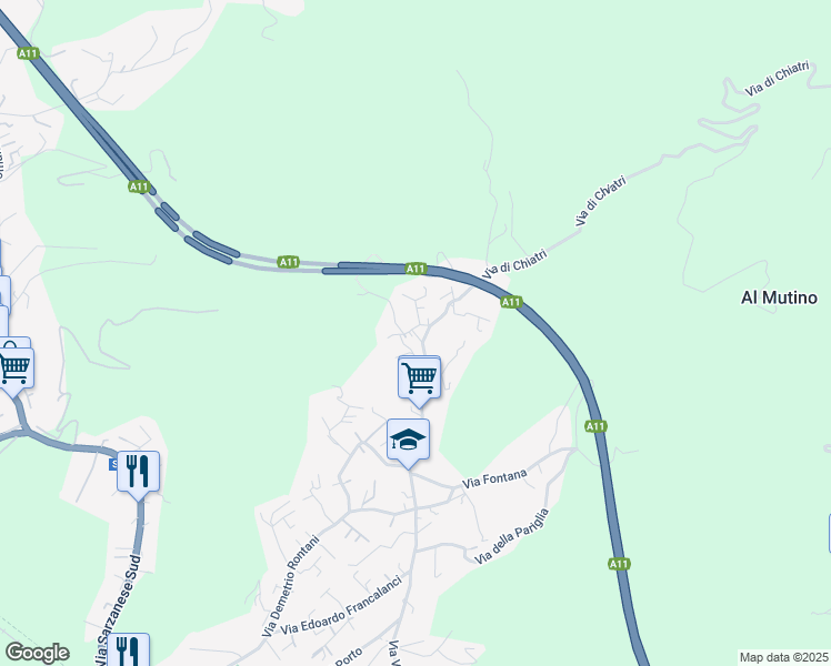 map of restaurants, bars, coffee shops, grocery stores, and more near 21 Via Santa Croce in Bozzano