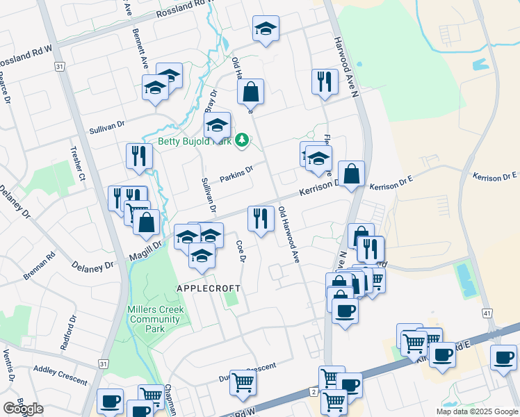 map of restaurants, bars, coffee shops, grocery stores, and more near 1 Magill Drive in Ajax