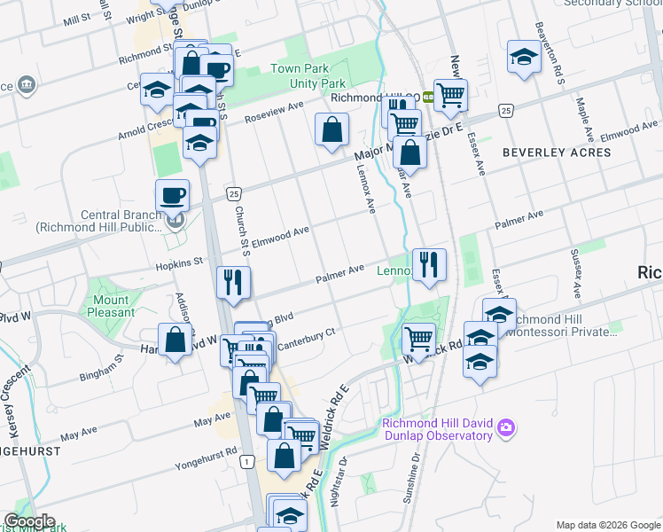 map of restaurants, bars, coffee shops, grocery stores, and more near 233 Ruggles Avenue in Richmond Hill