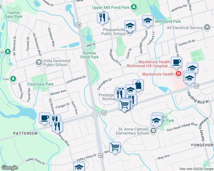 map of restaurants, bars, coffee shops, grocery stores, and more near 71 Crystal Drive in Richmond Hill
