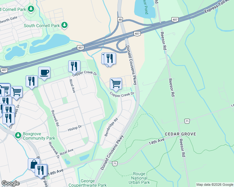 map of restaurants, bars, coffee shops, grocery stores, and more near 11 Saigen Lane in Markham