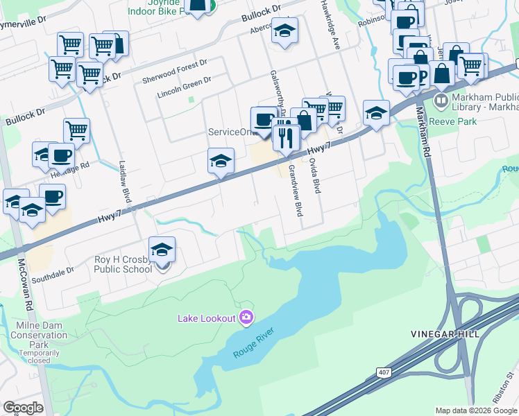 map of restaurants, bars, coffee shops, grocery stores, and more near 53 Thatchers Mill Way in Markham