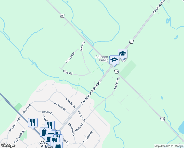 map of restaurants, bars, coffee shops, grocery stores, and more near 21 Giles Road in Caledon