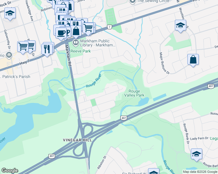 map of restaurants, bars, coffee shops, grocery stores, and more near in Markham