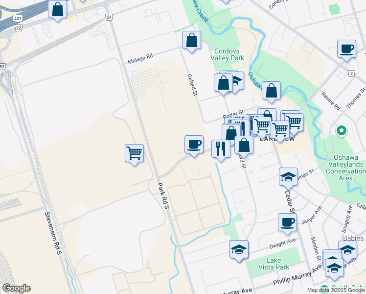 map of restaurants, bars, coffee shops, grocery stores, and more near 500 Wentworth Street West in Oshawa
