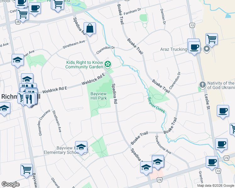 map of restaurants, bars, coffee shops, grocery stores, and more near 101 Spadina Road in Richmond Hill
