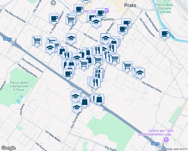 map of restaurants, bars, coffee shops, grocery stores, and more near 40 Via Orvieto in Prato