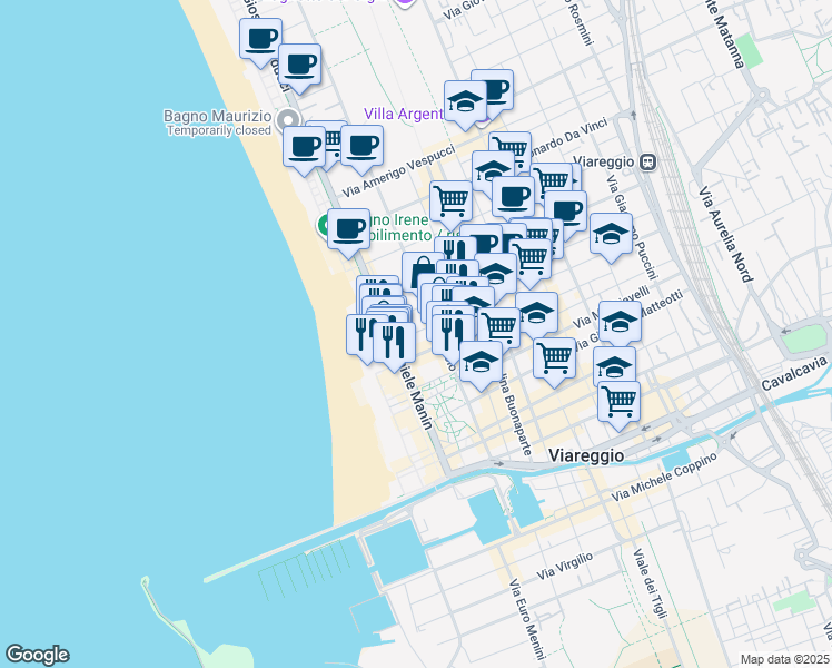 map of restaurants, bars, coffee shops, grocery stores, and more near 17 Via Giuseppe Verdi in Viareggio