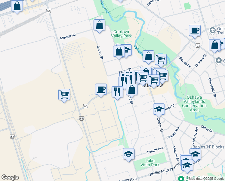 map of restaurants, bars, coffee shops, grocery stores, and more near 39 Wentworth Street West in Oshawa